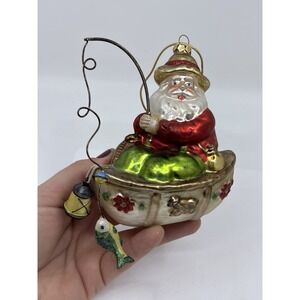 VTG. Glass Large Fishing Santa Claus Christmas Tree Ornament Fishing Boat